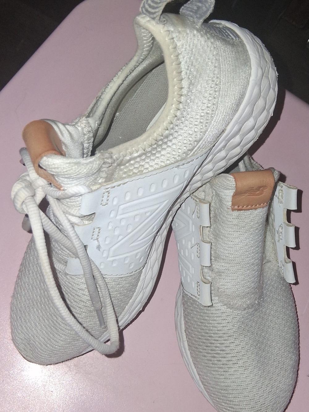 New Balance Women's White&Cream Knit Lace-Up Sneakers w Tan Accent